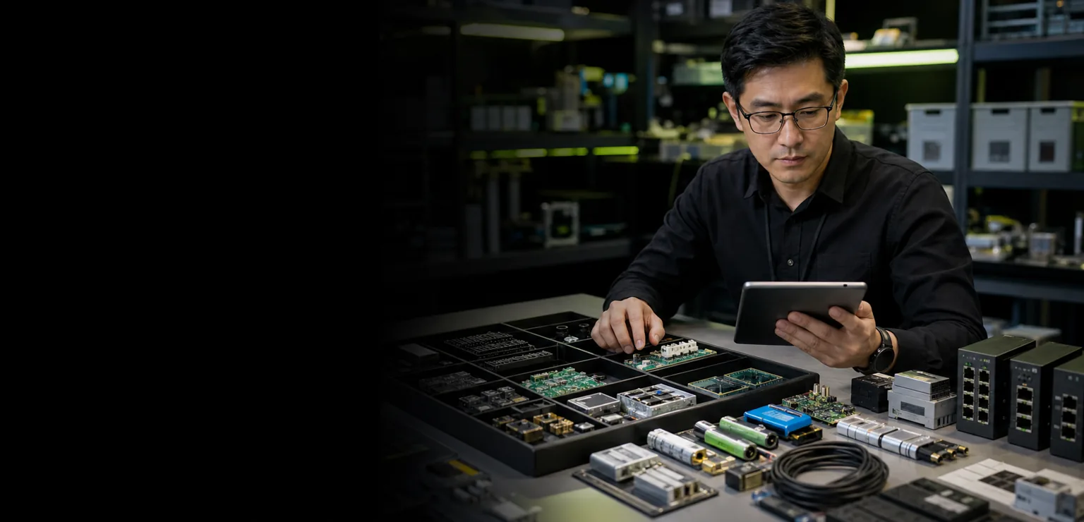 Electronics sourcing specialist reviewing a tablet beside circuit boards, sensors and industrial components