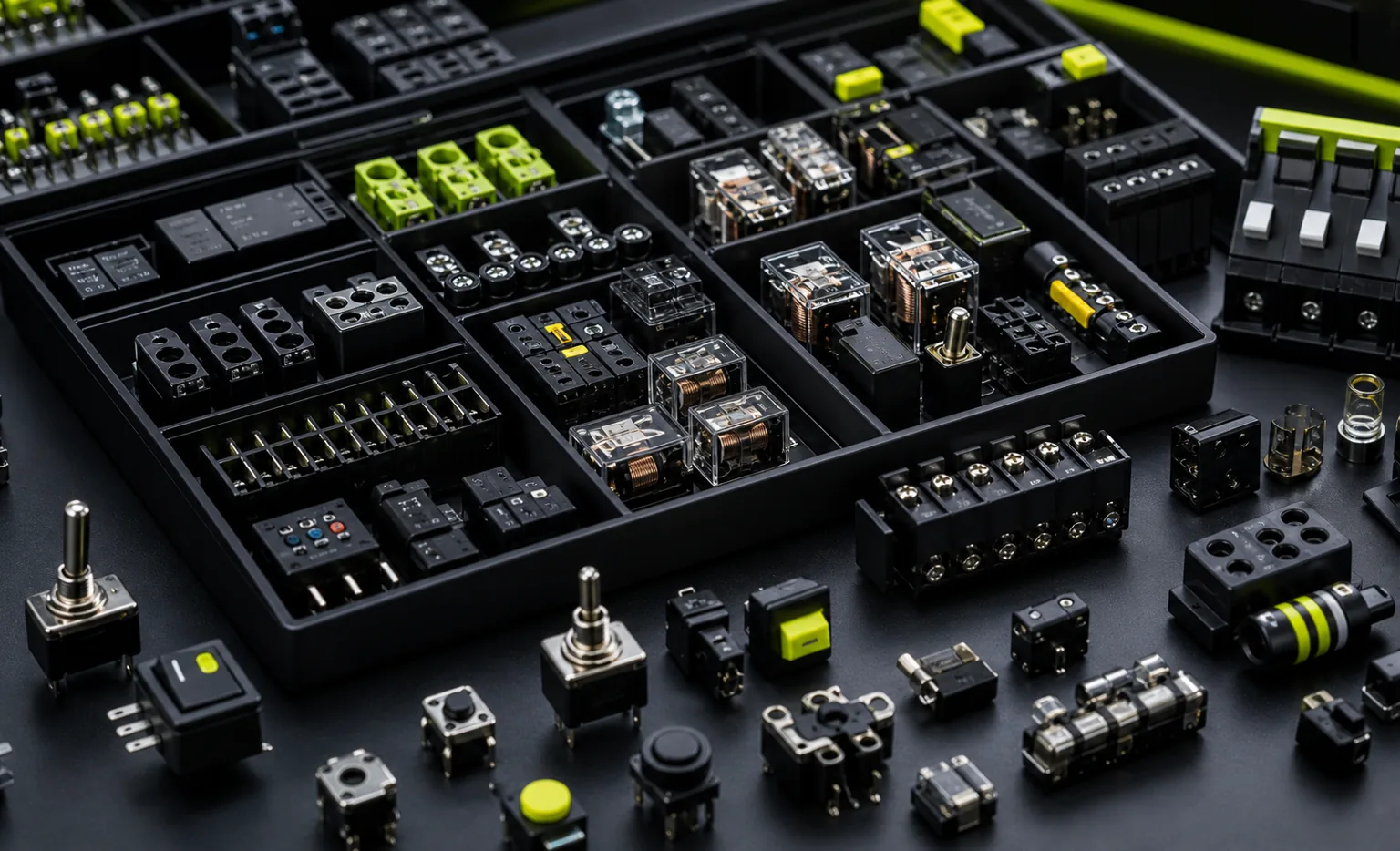 Electronic switches and electromechanical components in anti-static trays